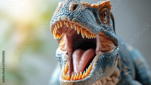 Close up of dinosaur toy with teeth open mouth on blurred background