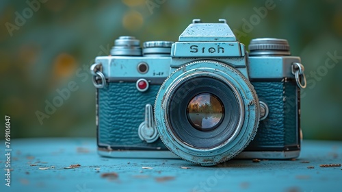 Vintage camera on a blue wooden table