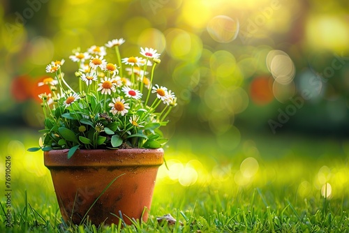 Fresh daisy flowers in pot on green grass on blurred green garden background