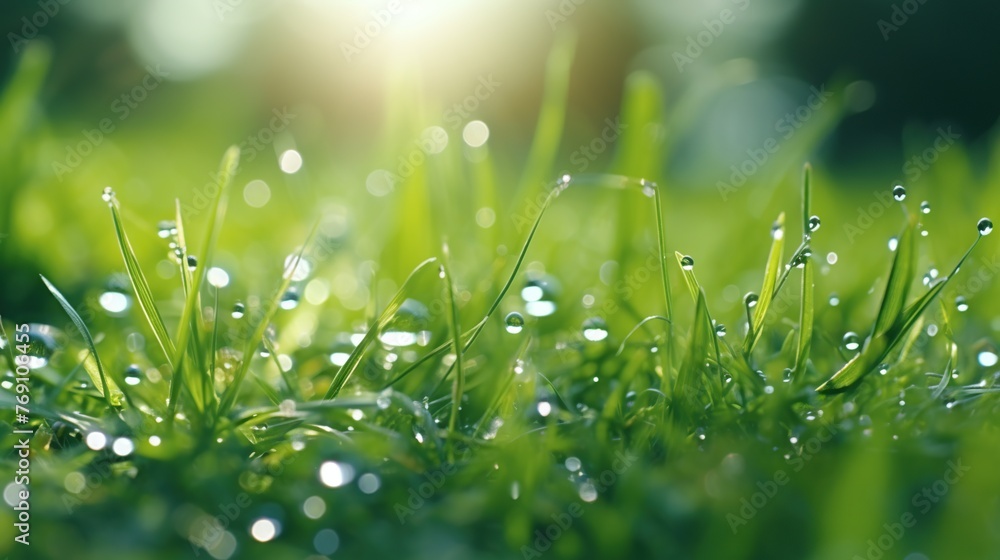 Water droplets on green grass on blurred greenery and sunlight background. Beautiful nature landscape. Water droplets on green grass on blurred greenery and sunlight background. Beautiful nature landscape.