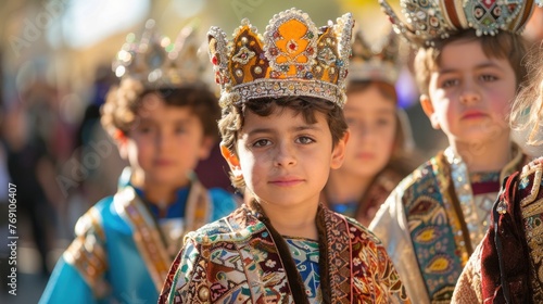 Children participating in an Assyrian New Year's procession, wearing crowns and robes reminiscent of ancient Assyrian royalty.