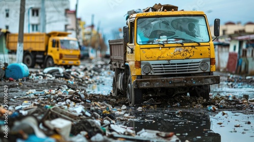 A water truck navigates through a muddy city road under cloudy skies