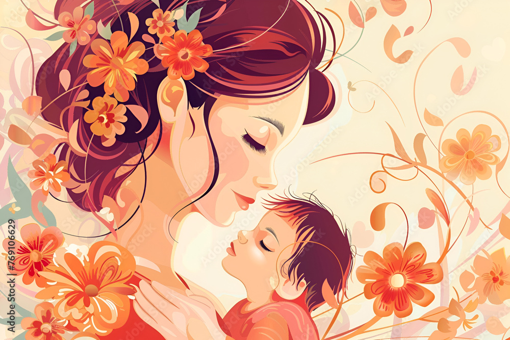 Mother and child amid flowers, peach background, for Mother's Day