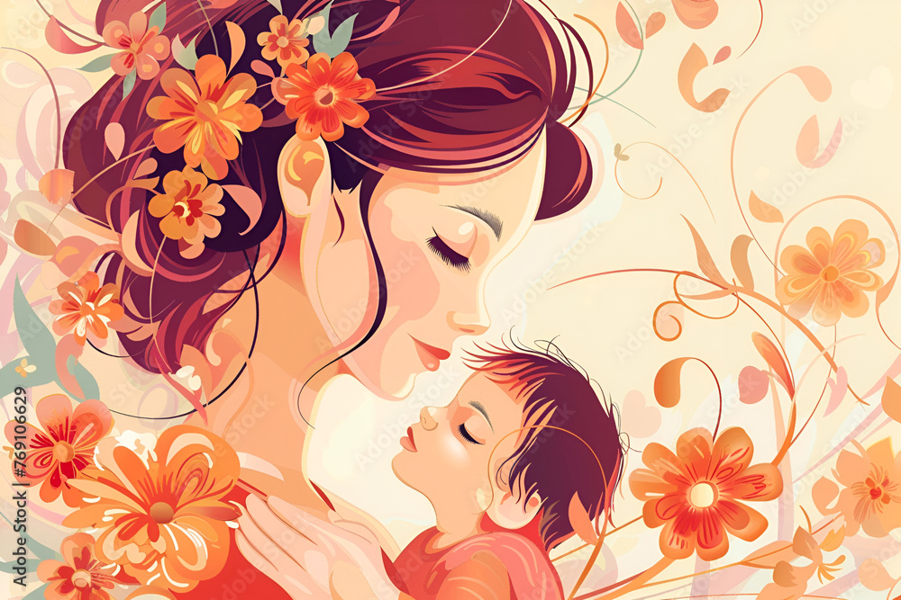 Mother and child amid flowers, peach background, for Mother's Day Mother and child amid flowers, peach background, for Mother's Day