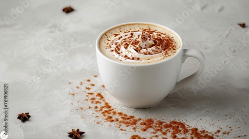 White cup of delicious cappuccino with cinnamon, studio shot