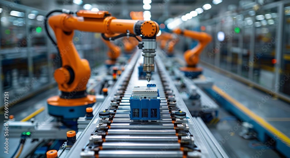 Orange robotic arms equipped with precision tools on a conveyor belt in a modern automation factory Orange robotic arms equipped with precision tools on a conveyor belt in a modern automation factory