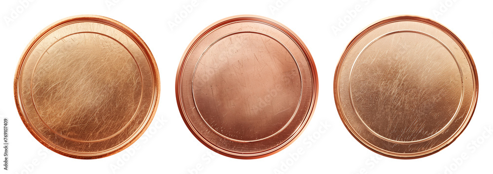 Set of realistic blank copper coins or medals isolated on white, empty metallic token template - obrazy, fototapety, plakaty 