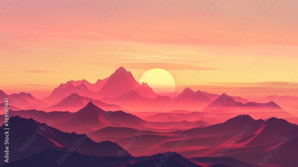Serene Sunset Over Jagged Mountain Peaks With Vibrant Pink and Orange Sky