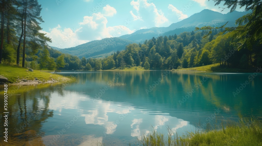 Fototapeta premium Tranquil Mountain Lake Surrounded by Lush Forests on a Sunny Day