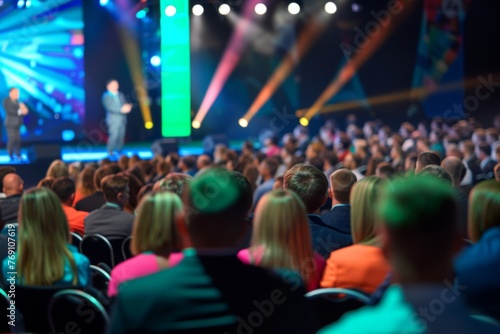 A blurred shot of an attentive audience at a corporate event, focusing on a speaker presenting on stage.