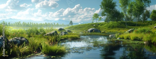 Serene River Landscape With Lush Greenery and Scattered Rocks on a Sunny Day