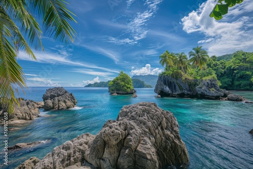 Rocks and palm trees frame a tropical beach with water in the background