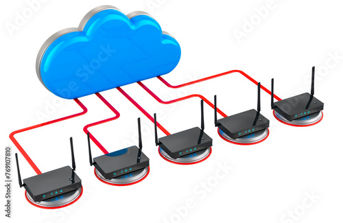 Computer cloud with routers. Networking connection, concept. 3D rendering