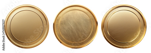 Set of realistic blank golden coins or medals isolated on white, empty metallic token template