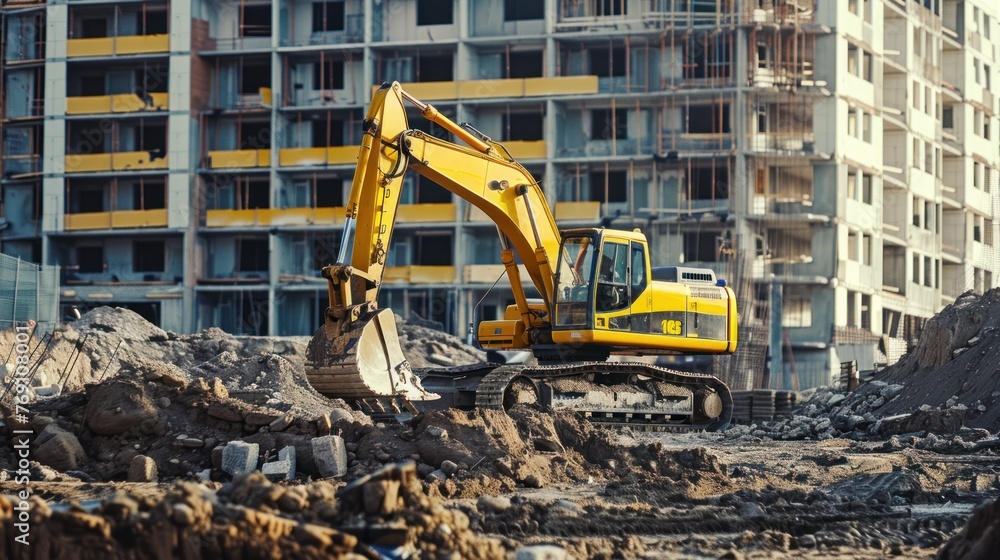 Excavator on the background of a new residential building. Excavation work and construction industry Excavator on the background of a new residential building. Excavation work and construction industry
