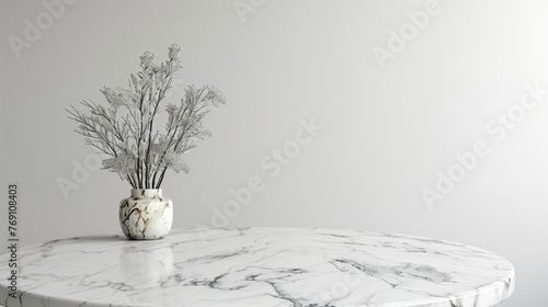 Empty Studio room background. Marble texture, plants. Product Presentation Backdrop, Display, and Mock up. Copy space, Luxury elegant Backdrop, neutral aesthetic, minimalism	