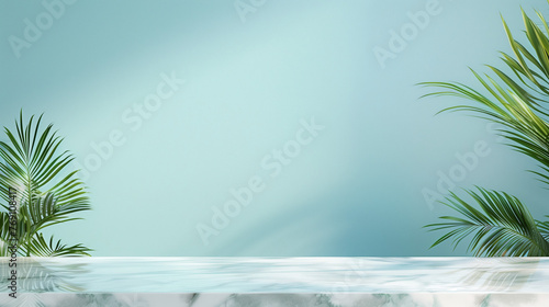 Empty Studio room background. Marble texture, plants, palm tree leaves. Product Presentation Backdrop, Display, and Mock up. Copy space, Luxury elegant Backdrop, neutral aesthetic, minimalism	