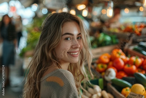 Smiling European woman in the farm market. Eco-friendly farm market customer concept with copy space.