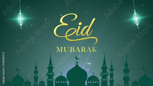 Eid Mubarak greeting video, Eid Al-Fitr animation drawing text with gold glitter. Animation drawing text Eid Mubarak with lantern ornament