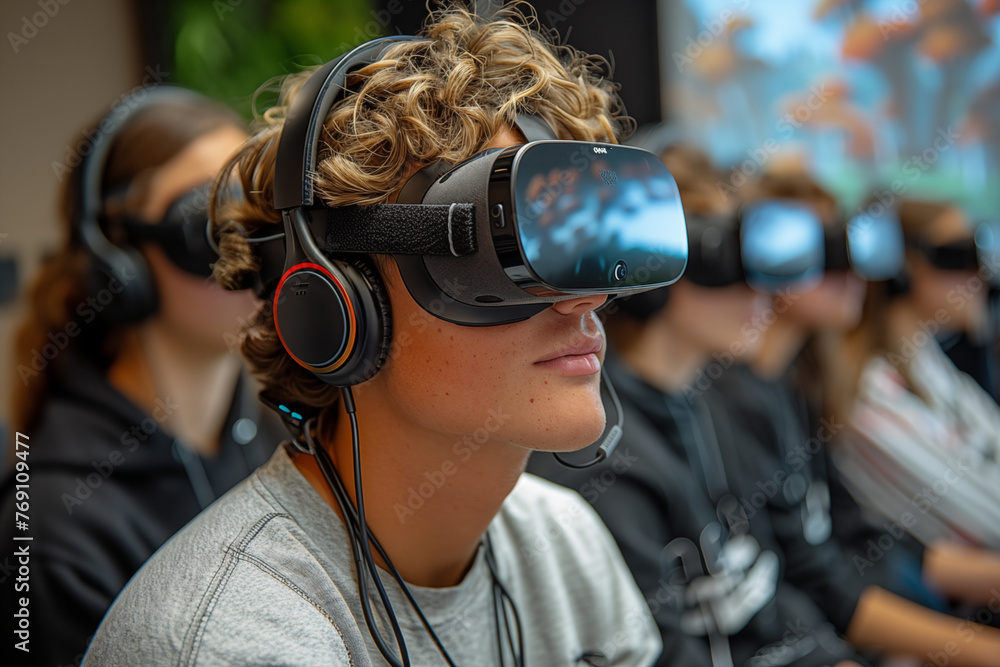 Focused multiethnic students engaging with VR headsets at university Focused multiethnic students engaging with VR headsets at university