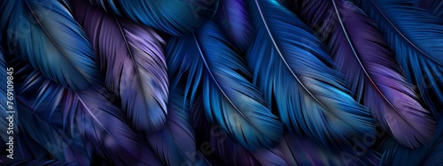 Beautiful closeup feather background in light blue and gold colors. Macro texture of colorful fluffy feathers from tropical bird. Minimal abstract pattern with copy space