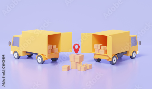 Delivery parcels yellow truck fast speed on model road home and office shipping. transportation logistic service express trunking concept. on pastel background. 3d render illustration photo