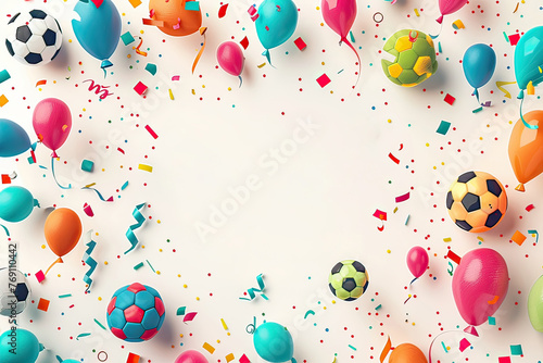Colorful soccer balls and balloons greeting card frame. 