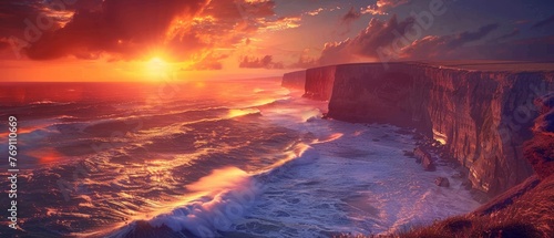 A dramatic sunset sky unfurls over sheer sea cliffs, casting a fiery glow over the ocean's rhythmic waves..