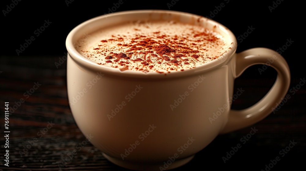 A cup of delicious cappuccino with cinnamon on black background, studio shot A cup of delicious cappuccino with cinnamon on black background, studio shot