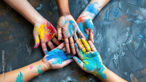 Children's hands colored with colorful watercolors photo