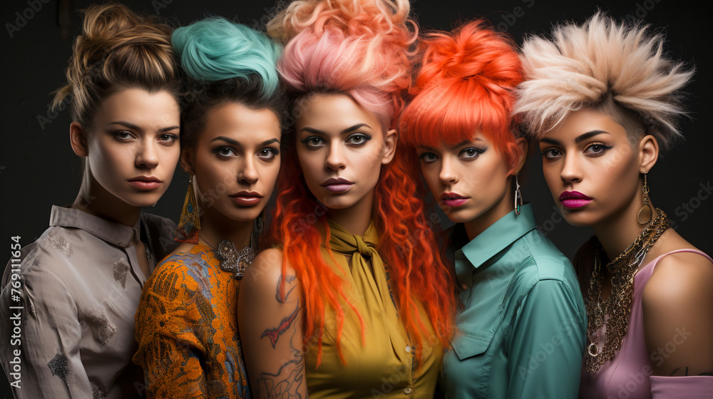 Fototapeta premium Crazy Hair Clan. Quirky Hairstyle Ensemble..