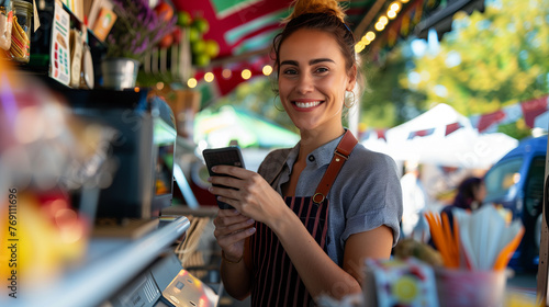 Fototapeta Naklejka Na Ścianę i Meble -  A female seller smiles and holds a mobile phone in front of the food counter. Electronic payment concept for small food trucks
