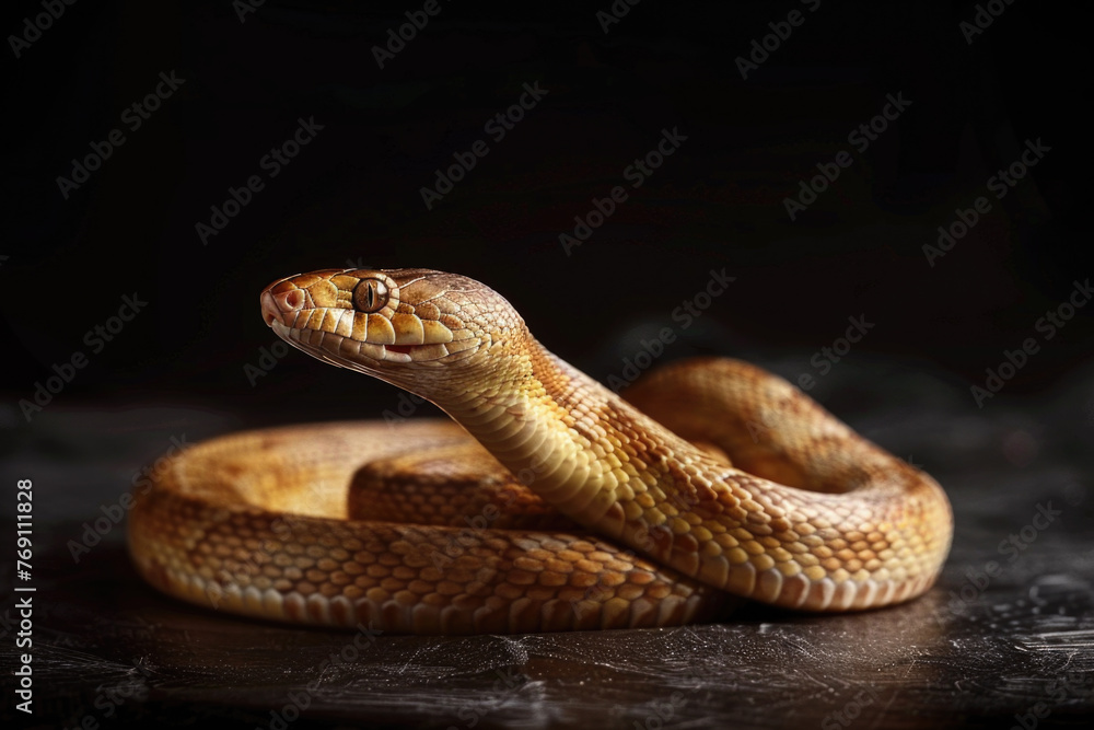 Fototapeta premium A purebred snake poses for a portrait in a studio with a solid color background during a pet photoshoot.
