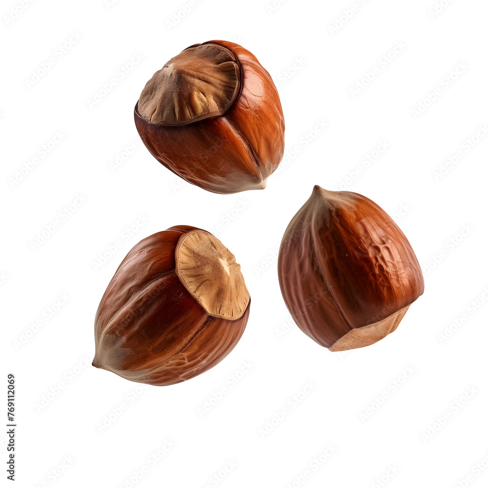 Three Hazelnuts in Mid-Air Showing on a Transparent Background. AI. Three Hazelnuts in Mid-Air Showing on a Transparent Background. AI.