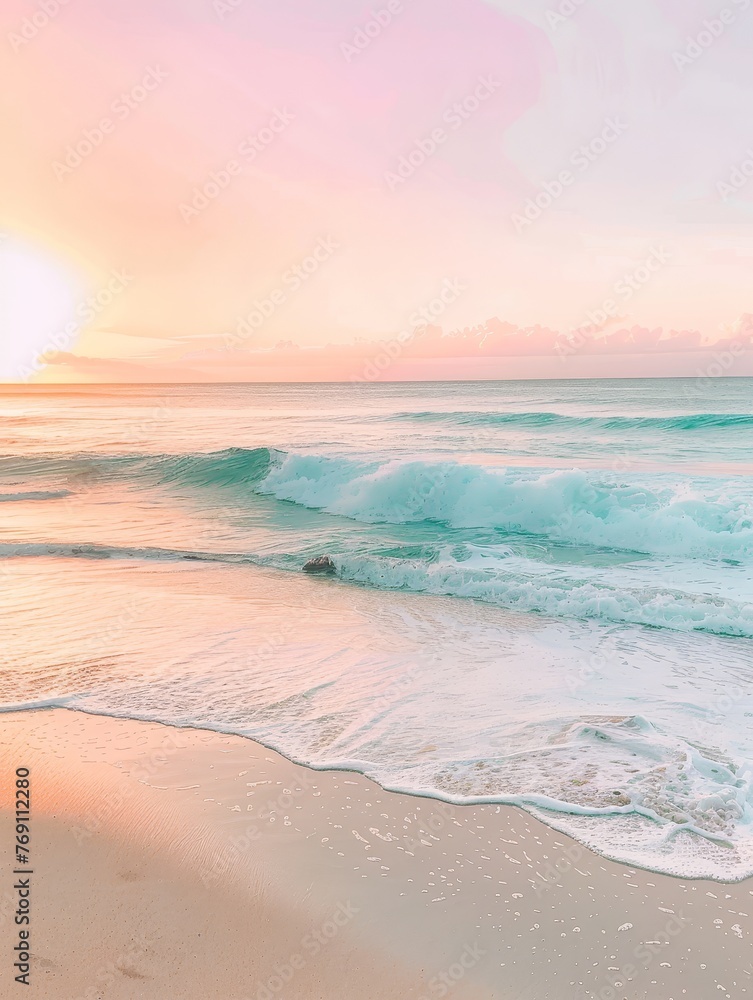 The quiet of twilight settles on a sandy beach, with waves gently breaking and the evening sky glowing with muted colors..