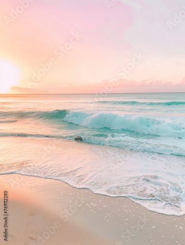 The quiet of twilight settles on a sandy beach  with waves gently breaking and the evening sky glowing with muted colors..