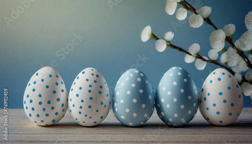Um conjunto de ovos pintados de bolinhas, nas cores azul e branco e um galho de flores brancas decorando. Espaço para escrever. photo