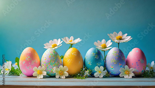Uma fileira de ovos coloridos sobre uma superfície de madeira e fundo azul, com flores decorando.