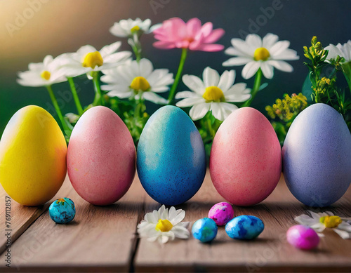 Um conjunto de ovos de p  scoa coloridos  com arranjo de flores para decorar.