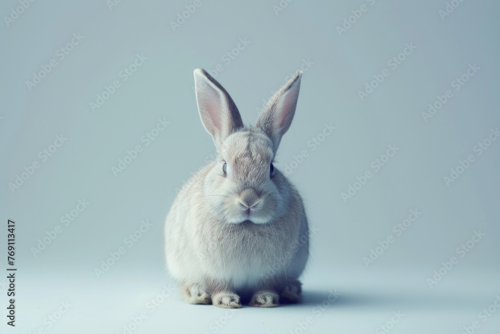 A purebred rabbit poses for a portrait in a studio with a solid color background during a pet photoshoot.
A purebred rabbit poses for a portrait in a studio with a solid color background during a pet photoshoot.