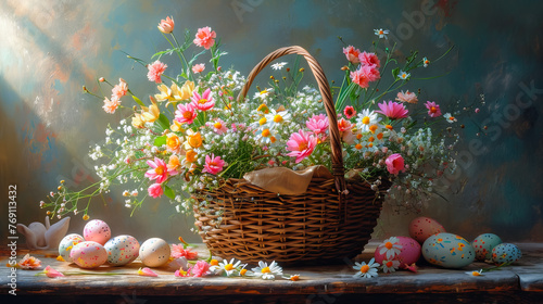 Easter Eggs and Flower. Decorating Eggs in Springtime Splendor