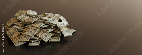 Stack of Banknote Bundles. Banking Banner with Twenty Dollar Bills and copy-space. photo