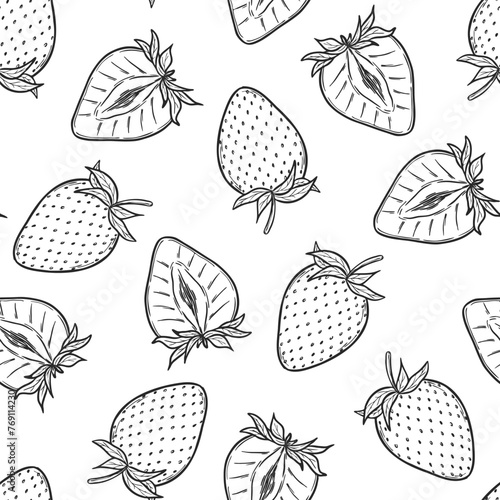 Strawberry seamless pattern, vector strawberries line art illustration, hand drawn botanical outline illustration. Monochrome drawing. For coloring book, background, pattern, packaging, logo, textile.