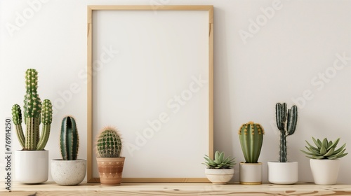 Square wooden frame mock-up with various cactus and succulent plants. White wall with a white shelf. Copy space. photo