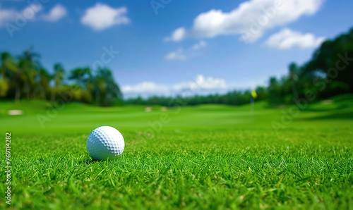 Closeup of golf ball on green grass background with clear white cloudy sky