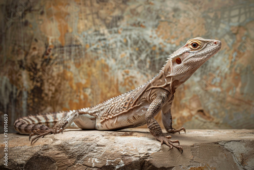 A purebred lizard poses for a portrait in a studio with a solid color background during a pet photoshoot.