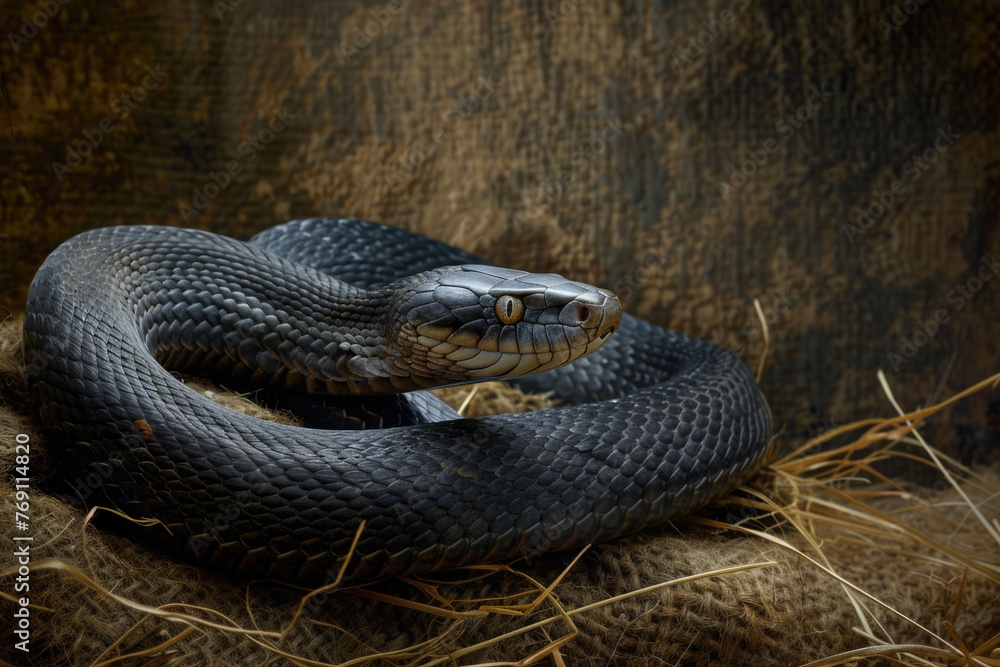 A purebred snake poses for a portrait in a studio with a solid color background during a pet photoshoot.
A purebred snake poses for a portrait in a studio with a solid color background during a pet photoshoot.