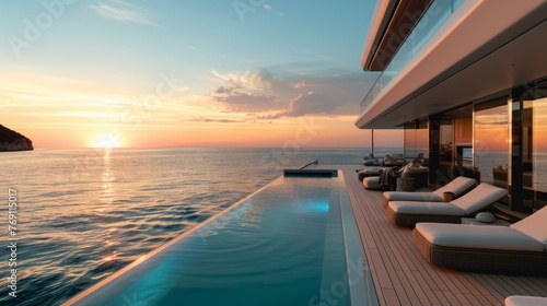 Luxury Yacht Deck at Sunset © Prostock-studio