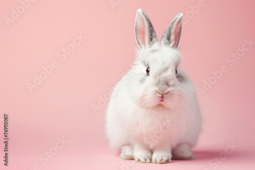 A purebred rabbit poses for a portrait in a studio with a solid color background during a pet photoshoot.   © kalafoto