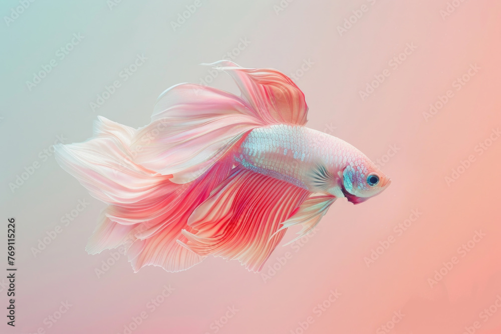 A purebred fish poses for a portrait in a studio with a solid color background during a pet photoshoot.
A purebred fish poses for a portrait in a studio with a solid color background during a pet photoshoot.